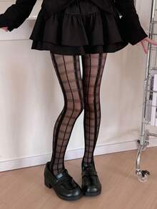 1双透明黑色真丝女士连裤袜 春季黑色格子真丝性感JK紧身袜 纯性感魅力万圣节圣诞节节日派对长袜 - 黑色 - 查看 5