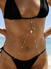 قطعة واحدة من سلسلة معدنية مثيرة للبكيني، مزينة بخرز مصنعة للزينة الخاصة بالخصر، للارتداء في السهرات والنوادي الليلية