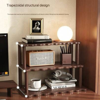 Organizador de estantería de 3 niveles con forma de trapecio ondulado, apto para el hogar, la cocina y la oficina, ideal para almacenar artículos diversos y decoraciones, solución de almacenamiento de cocina, unidad de estantería decorativa, estructura de bambú