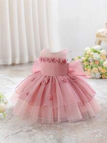 Baby Girls 0-2 Years Old White Christening Gown, Suitable For Role Play Party - Pink - View 2