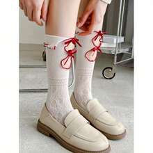 Women's Style Mid-Calf Socks - Double Bow Detail, Breathable Silky Mesh Design, All-Day Comfort High Elasticity - Elegant Spring Summer Socks (Black) - 紅色 - 查看 2