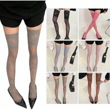 Calcetines de malla elegantes de encaje hasta el muslo, con patrn floral retro, de nailon elstico sobre la rodilla, para mujer, 8 colores, opcin, elegantes calcetines de nailon para encima de la - inicial - Ver 2