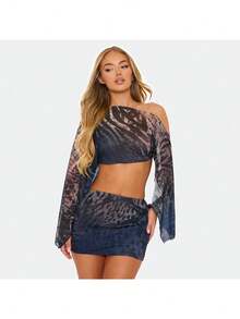 2 Piece Sets Women  Winter Clothes For Women  Two Piece Sets A Two-Piece Set Featuring A Tiger-Striped Printed Mesh One-Shoulder Long-Sleeved Top And A Tight Skirt - Black - View 2