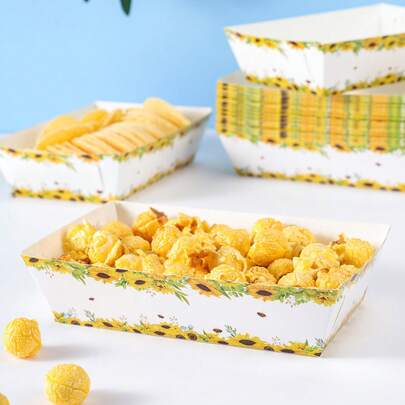 10/24pcs Sunflower Black Rim Disposable Party Food Boxes, Fries Boxes, Popcorn Boxes, Suitable For Lunch Box, Bakery Bread, Burger Restaurant
