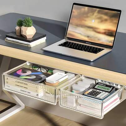 Large Drawer-Style Storage Cabinet, Hidden Drawer Under Desk, Slide-Out Perforated Or Self-Adhesive Storage Box, Drawer Shelf Under Desk, Desk Drawer Storage, Hidden Organizer Under Keyboard, Specially Suitable For Rental, Dorm, And Bedroom Use