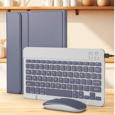 防震纯色翻盖键盘保护套，二合一无线键盘及保护套套装，兼容 iPad 5/6/7/8/9/10、Pro 11、Air 1/2/3/4/5/6，可拆卸无线键盘（150mAh 电池），带触控笔插槽的保护套，浅灰色/紫色，复活节礼物，春季粉彩生日周年纪念派对