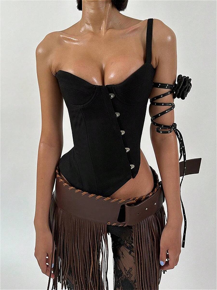 Ladies' Fashion, Sexy Design, Personalized Solid Color, Casual, Exposed Navel, Sleeveless Suspender, Backless, Hanging Buckle T-Shirt Top - 黑色 - 查看 1