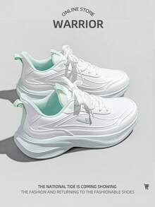WARRIOR 1 Pair Women's Sporty Breathable Sneakers, Color Block Leather Low-Top Casual Shoes - White/Green - View 3