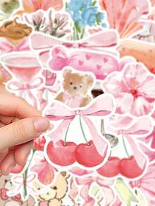 50pcs Pink Series Stickers, Cute Pink Cartoon Bear Theme, Applicable For Laptop, Bumper, Skateboard, Water Bottle, Computer, Phone Case And Back To School Decoration. Scratch-Resistant Decorative Stickers Suitable For Multiple Scenarios. - Multicolor - View 5