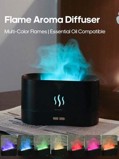 kinscoter 1pc USB Powered 180ml Colorful Flame Aroma Diffuser, Ultrasonic Cool Mist Humidifier, Essential Oil Diffuser For Home, Hotel, Office, Suitable As Gift