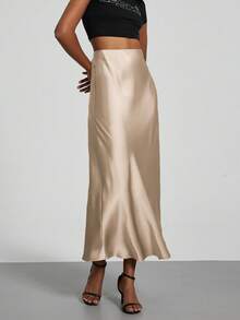 SE-HORE Women's Fashion Commuter Versatile Petite Version Elastic Satin Texture Skirt, Suitable For All Seasons - Light Camel - Light Beige - View 4