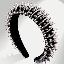 1pcs Rivet Rhinestone Wide Headband - Black And Silver Color Block + Rivet Sparkling Rhinestone Design, Suitable For  Cool / Street Style, Unique Niche Face-Slimming Hair Accessory - 白色 - 查看 9