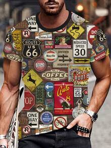 Men'S Vintage  American Style 3D T-Shirt, Featuring An All-Over Print, Casual And Stylish Round Neck Short Sleeve Top, Classic Design, Machine Washable, Perfect For Summer Travel And Everyday Outings. - 混合色 - 查看 4