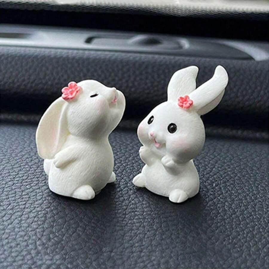 2pcs Cute Mini Rabbit Car Interior Decor, Healing Style Dashboard/Window Ornament, Personalized Car Figurine - White - View 1