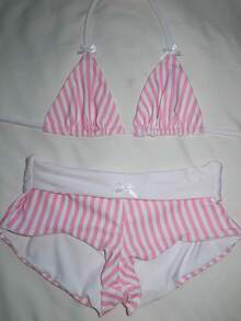 Women Halter Neck Triangle Bikini Sets Vintage Aesthetic Bathing Suits Summer Boy Shorts Swimsuit Y2k Swimwear - 粉紅色2 - 查看 4