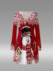 1pc Women's Snowflake Christmas Cartoon Casual Elegant Knit Fabric Short Dress, Suitable For Everyday And Party Wear, Autumn/Winter - Red - View 4
