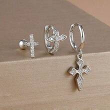 3件套单耳佩戴18K镀金十字耳钉套装，女士婚礼首饰，锆石耳环，不锈钢配件，派对礼物