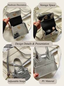 1pc New Fashion Stone Simple Hand-Held Shoulder Crossbody Small Square Bag Elegant Mini Solid Color Crocodile Pattern Western Style Personalized Retro Aesthetic Casual Shoulder Crossbody Hand-Held Small Square Bag Teenagers Are Very Suitable For Out For A Date And Shopping This  Is Suitable For Young Girls For Their Birthday, Prom And Graduation And Also A Lovely Gift For Friends, Mother, Lover On Special Days Such As Valentine's Day, Christmas, Anniversaries.Can Be Used As Thanksgiving, Halloween,Christmas Gift. - 彩色 - 查看 7
