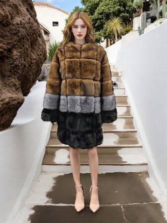 Women's Winter Coats Long Sleeve Regular Sleeve Faux Fur Coat With Stand Collar Thigh Length For Women With Pockets Suitable For Christmas, New Year