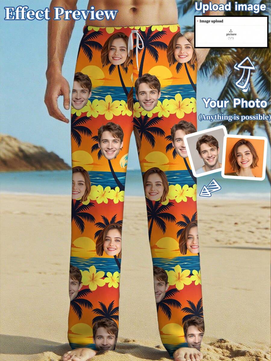 Customized Men's Hawaiian Pants, Personalized Couple Big Head Photo, Children, Pets, Cartoon, Holiday Atmosphere, Holiday Gift - متعدد الألوان - مشاهدة 1