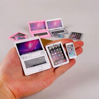 7件套迷你笔记本电脑、平板电脑、手机模型套装，装饰性微型玩具模型，娃娃屋配件，摄影道具