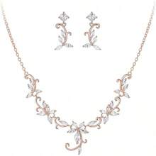 Crysdue Flower Leaf Wedding Jewelry Set Bridal Bridemaid, Cubic Zirconia Teardrop Elegant Silver/14K/Gold Plated Vine Necklace Dangle Earrings Prom Party - A_玫瑰金色調 - 查看 1