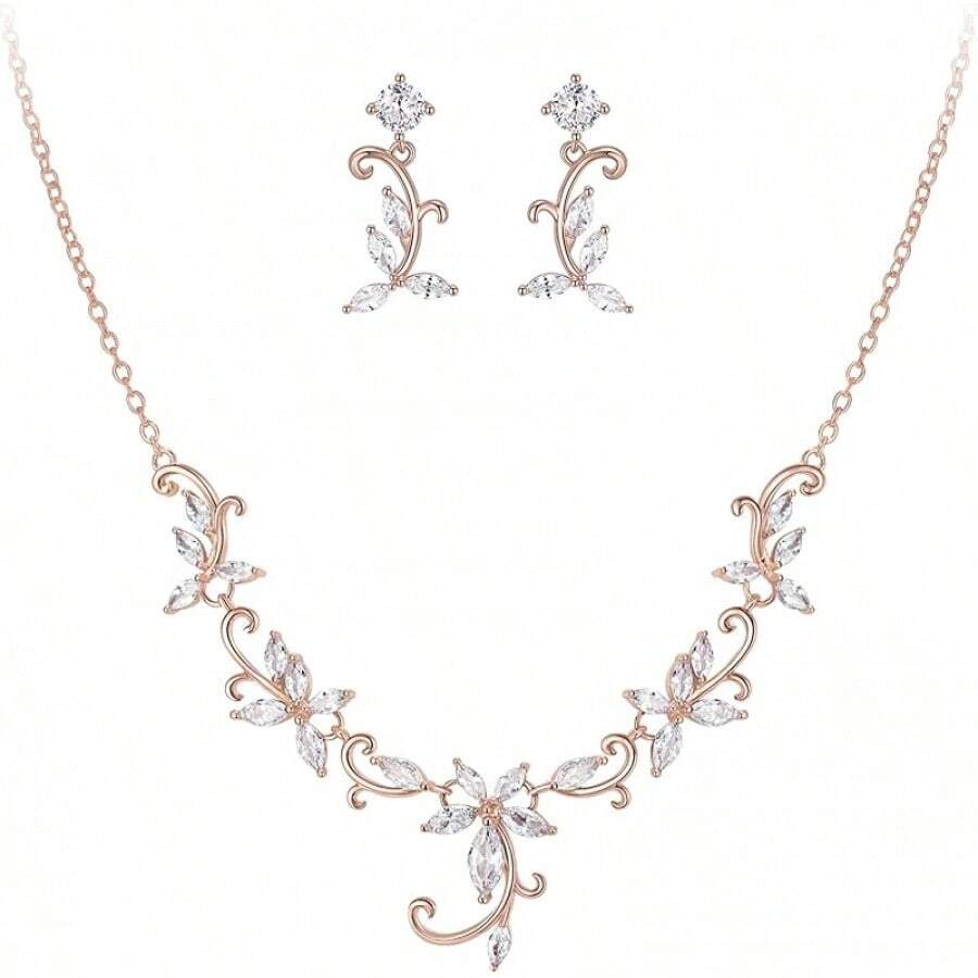 Crysdue Flower Leaf Wedding Jewelry Set Bridal Bridemaid, Cubic Zirconia Teardrop Elegant Silver/14K/Gold Plated Vine Necklace Dangle Earrings Prom Party - A_玫瑰金色調 - 查看 1