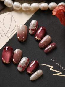 10pcs Acrylic Press On Nails Dark Red Nails Cat's Eye Halation Stripe Short Nail Fake Nails Artificial Nails Kit Includes 1sheet Adhesive Tabs &1 Pc Mini File Nail Supplies - Multicolor - View 2