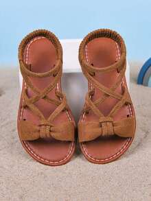 1 Pair Girls' Fashion New Slip-On Flat Sandals, Soft Bottom Non-Slip Children's Roman Sandals, Big Kids Beach Shoes, Suitable For Summer - Brown - View 4