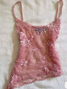 Women Y2k Sequin Tank Top Sheer Mesh Embroidered Beaded Cami Top Sleeveless V Neck Sparkly Crop Tops Glitter Top Party Club Rave Outfits - 粉色 - 查看 2