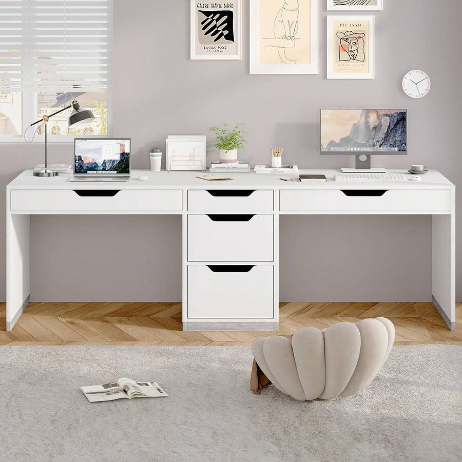 Two Person Desk With 5 Drawers, Double Desk With Storage For 2 People, 78 Inch Extra Long Computer Desk Workstation With File Drawer For Home Office, White/ Walnut/ Brown - trắng - Xem 1