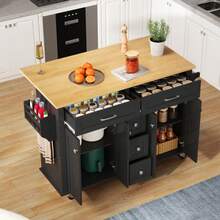 Multifunctional Kitchen Trolley With Fold-Out Worktop, Extendable To 120*65 Cm, With 5 Drawers, Cabinets, Spice And Towel Racks, On Casters – Kitchen Island For Kitchen, Dining Room And Living Room - 黑色 - 查看 2
