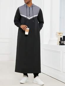 Hanorac lung cu glugă pentru bărbați, Kamisweat, cu blocare de culoare alb-negru, cu fermoar pe piept și buzunare pe ambele părți. Tivul are o fantă și este potrivit atât pentru vacanțe, cât și pentru călătorii. Materialul este gros și confortabil pentru purtare zilnică. - Multicolor - Vizualizare 6