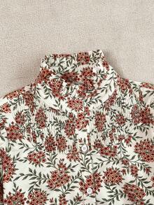 女士休闲度假衬衫，菊花图案，荷叶边下摆，纽扣短袖 - 彩色 - 查看 6