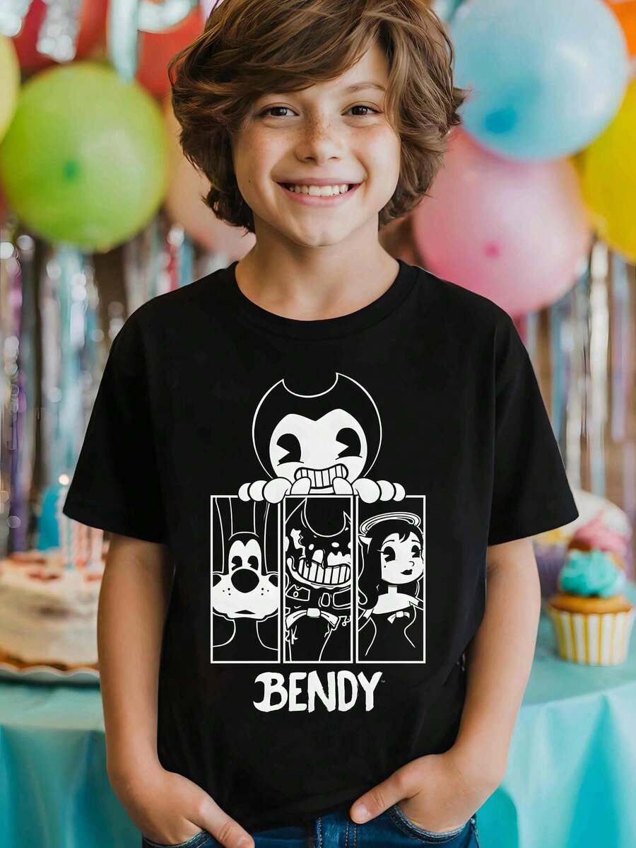Boys' Bendy & The Inky Machine Graphic T-Shirt - Black Short Sleeve Round Neck Casual Summer Tee with Bendy & Inky Characters, Machine Washable Regular Fit For Outdoor Play & Casual Attire - Negro - Ver 1