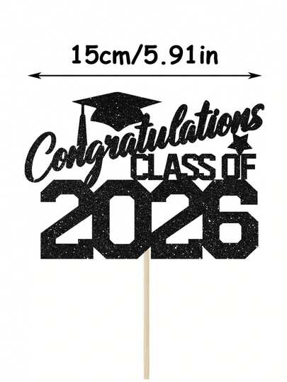 1个闪亮黑色“祝贺2026届毕业生”毕业帽蛋糕装饰插牌，适用于毕业派对、祝贺2026届毕业生派对装饰
