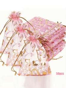 50/100个心形多色纱布袋，礼品包装袋，礼品袋，家居日用品，尼龙收纳袋，春节假日派对用品，婚礼用品，礼品装饰包装（可用于春节礼品包装） - 粉色 - 查看 3