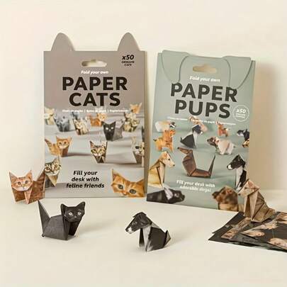 Approx. 50pcs/Set Complete Cat & Dog Origami Set, Suitable For Adults & Kids - Step-By-Step 3D Paper Craft Set, Includes Pre-Folded Dog Model & Origami Instruction Manual - Home & Office Decor Art Activity (No Glue Needed/Easy Assembly)