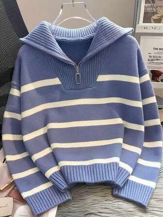 大码女式秋冬新款拉链条纹针织毛衣，时尚高端简约套头衫，百搭