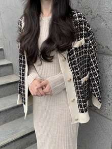 Chaqueta de mujer con abertura frontal Suéter de punto de estilo occidental suelto, chaqueta nueva de otoño e invierno, escote en V, cárdigan de moda versátil para mujer - Blanco - Ver 2