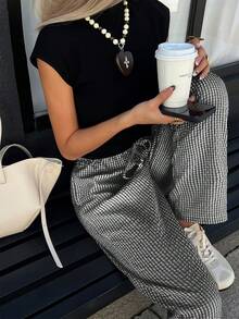 Women's Black Plaid Patchwork Wide Leg Pants | Bow Waist Design | Suitable For Valentine's Day, Race Day, Beach Vacation And Daily Wear, 2026 Spring/Summer Bohemian Style - Black - View 9