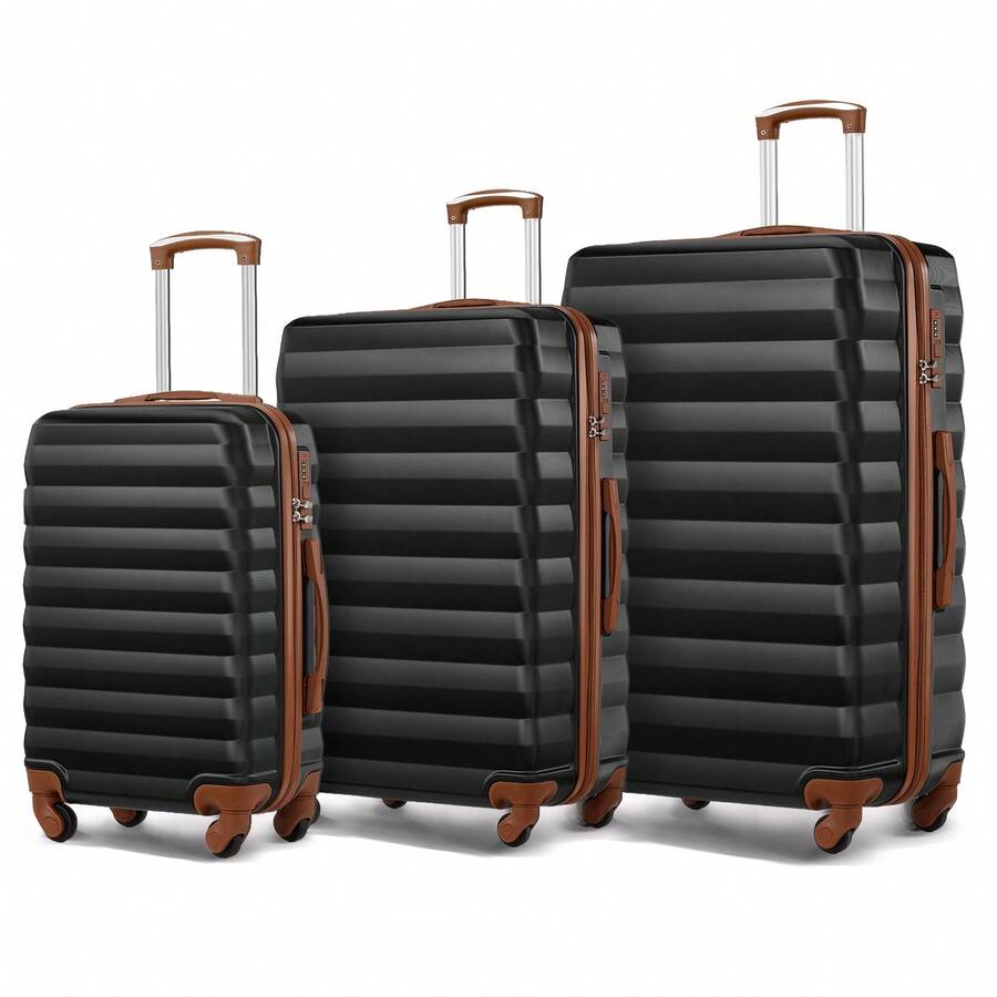 Luggage Set 3 Piece Suitcase Sets With Spinner Wheel, ABS Hardside Travel Laggage Travel Suitcase Suitcases Suit Case Durable Travel Luggage,Combination Lock, 360° Smooth-Rolling Wheels, Large Capacity For Travel, Ideal For School/College/Office Use, Suitable For Boys/Girls/Women/Man, Perfect For Trips & Daily Needs - 黑棕色 - 查看 1