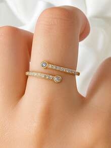 Adjustable Double Ring With Cubic Zirconia – 18K Gold Or Silver Plated Costume Jewelry – Luxury Open Design - 金色 - 查看 9
