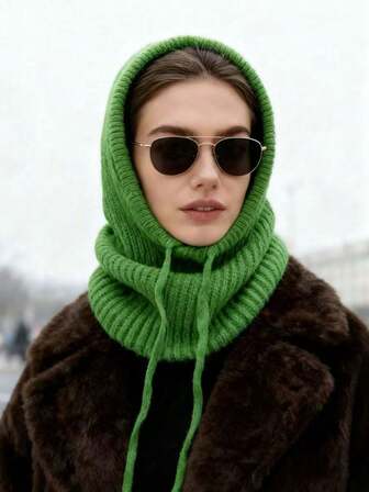 1 st. dambalaklava med dragsko och fuskkrage, varm stickad balaklava för utomhusbruk, skyddande maskhuva för ansikte och hals, vinterköldtålig