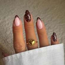 24 Pcs Fall Press On Nails Medium Almond Fake Nails With White Polka Dot Designs Brown Nails Press Ons Autumn And Winter Acrylic Full Cover French Tip Glossy False Nail For Women - Màu đỏ tím - Xem 1