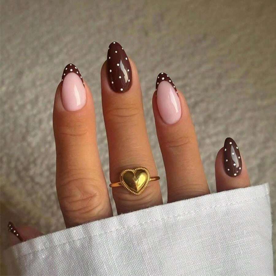 24 Pcs Fall Press On Nails Medium Almond Fake Nails With White Polka Dot Designs Brown Nails Press Ons Autumn And Winter Acrylic Full Cover French Tip Glossy False Nail For Women - Màu đỏ tím - Xem 1