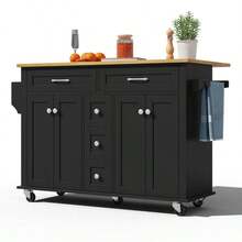 Multifunctional Kitchen Trolley With Fold-Out Worktop, Extendable To 120*65 Cm, With 5 Drawers, Cabinets, Spice And Towel Racks, On Casters – Kitchen Island For Kitchen, Dining Room And Living Room - 黑色 - 查看 9