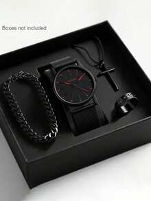4pcs/Set Men's Fashion Business Casual Quartz Watch With Stylish Bracelet, Necklace And Ring, Suitable As Birthday/Holiday Gift For Men, Such As Back To School, Men's Party, Travel And Other Daily Occasions. Perfect Gift For Graduation, Christmas, Valentine's Day