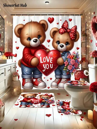 Valentine's Day Decorations1/3/4pcs Wite Sweet Bear Couple Shower Curtain Bathroom Sets, Warm Romantic Waterproof And Wear-Resistant Accessories,With 12 Hooks - Includes Toilet Seat Cover, Bath Mats, And Rugs - Plastic Fabric - Washable,Mildew-Resistant - Perfect For Holiday Decor,Home/Bedroom/House/Western/Spring Decor,