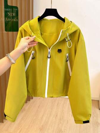 Women's Yellow Hooded Cropped Jacket - Zip Front Drawstring Pockets Casual Winter Outdoor Coat